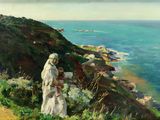 une image représentant un tableau où l'on voit une femme et un enfant sur une colline surplombant l'océan