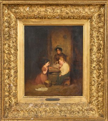 un tableau représentant un homme et une femme dans une cuisine avec un enfant