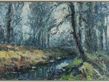 an oil painting of a stream running through a forest filled with trees
