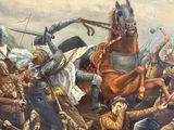 a painting of a group of men on horses in a battle