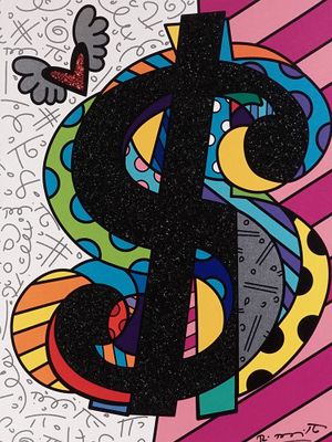 un gros plan sur une peinture représentant le symbole du dollar sur un fond coloré