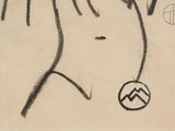 drawing of a person with a hat and a necklace with a cross on it