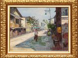 une peinture à l'huile représentant une femme marchant dans la rue avec un parapluie