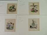 four prints of women in dresses and hats are on a table