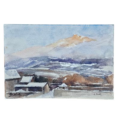 aquarelle représentant un paysage enneigé avec une montagne en arrière-plan