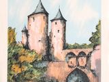 an image of a painting of a castle with a bridge in the foreground