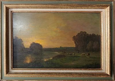 tableau représentant un coucher de soleil sur une rivière, avec du bétail paissant au loin