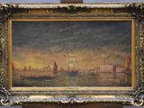 an oil painting of a boat in a body of water near a building