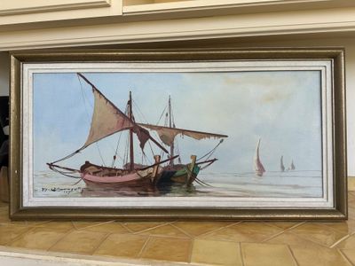 a picture of a painting of a boat in the water