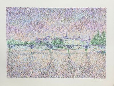 l'image d'une peinture représentant un pont au-dessus d'une étendue d'eau