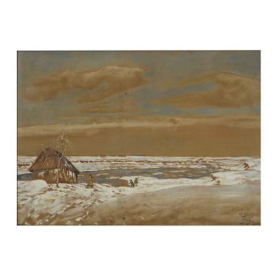 une image représentant une peinture d'une scène de plage avec une cabane en arrière-plan