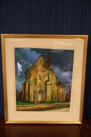 Église, Gouache sur papier. Signée JAY et datée 99 en bas à droit...