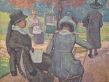 une peinture représentant un groupe de personnes assises sur un banc