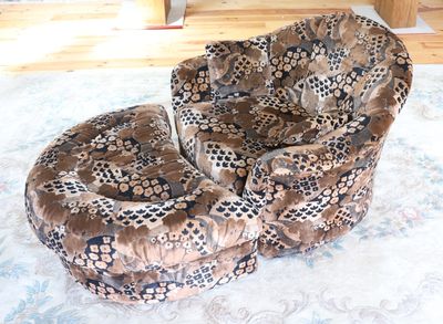 un fauteuil et un repose-pieds posés au sol dans un salon