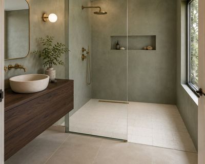 une grande salle de bains avec une douche à l'italienne à côté d'un lavabo