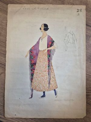 un dessin représentant une femme en robe longue avec un châle