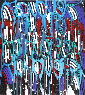 abstract painting of blue, red, and white paint on a black background