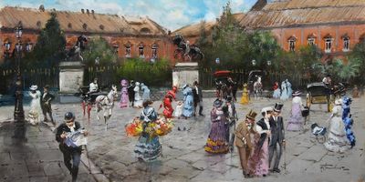 un tableau représentant un groupe de personnes marchant sur une place
