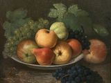a painting of a bowl of fruit on a table