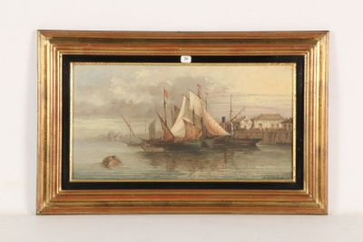 painting of a boat in a body of water with people on it