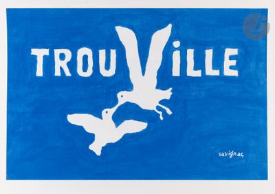 a painting of a bird flying over a blue sign that says trouville
