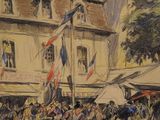 a painting of a crowd of people walking down the street