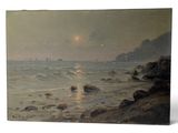 a picture of a painting of a sunset over a body of water