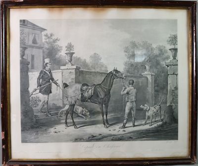 tableau représentant un homme et un cheval devant un homme accompagné d'un chien