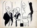 cartoon drawing of a man in a suit talking on a cell phone to a woman in a dress and a man in a tuxedo