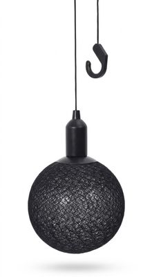 a close up of a black hanging light with a hook