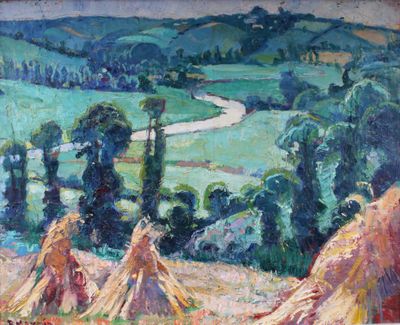 l'image d'une peinture représentant un champ avec une rivière au loin
