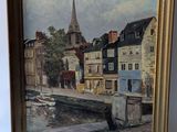 an image of a painting of a city with a church steeple