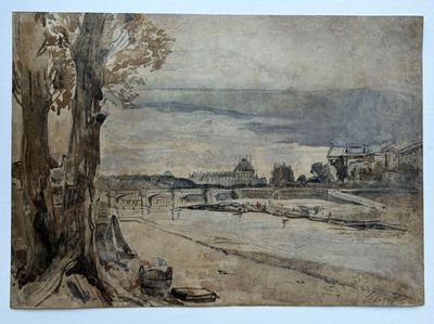 dessin représentant une vue sur une rivière avec un pont au loin