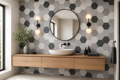 a bathroom with a sink and a mirror in it