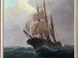 an oil painting of a sailing ship in rough water