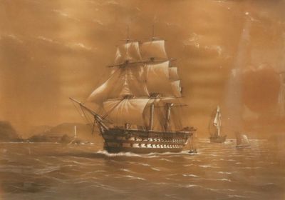 une peinture représentant un voilier sur l'eau