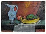 un tableau représentant un bol de fruits et un pichet posés sur une table