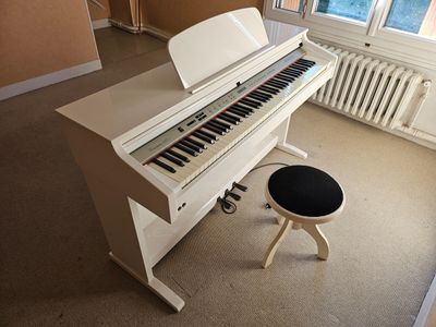 a piano and stool in a room with a window