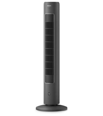 un ventilateur colonne noir posé sur une surface blanche