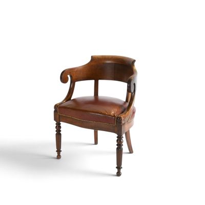 an image of a wooden chair with leather upholstered seat
