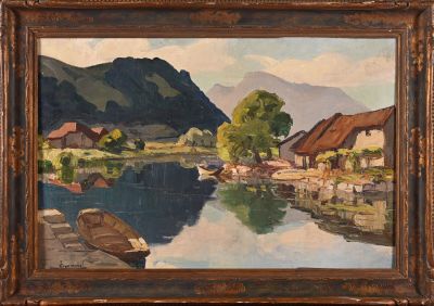 an oil painting of a boat on a river with a village in the background