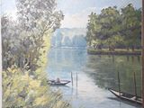 a painting of a man in a boat on the water