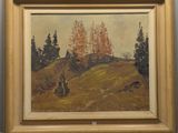 une image représentant un tableau de arbres sur une colline, dans un cadre doré