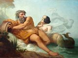 painting of a man and a woman sitting on a rock by the water
