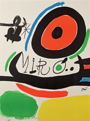 peinture abstraite représentant un chien noir entouré de cercles rouges, verts, jaunes et bleus