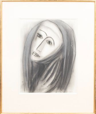 dessin représentant le visage d'une femme aux longs cheveux, dans un cadre doré