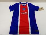 a blue and red soccer jersey with the name qatar airways on it