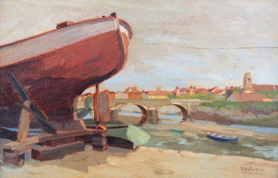 a painting of a boat sitting on the beach