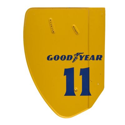 yellow and blue shield with the number 11 on it that says good year 11