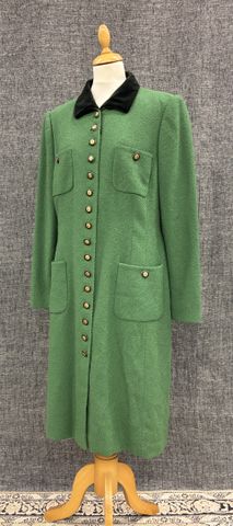 RENA LANGE – Robe longue en laine vert sapin, col en velours, bou...